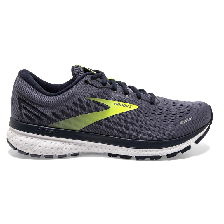 Brooks Ghost 13 Road Running Shoes - Men's - Grey/Navy/Nightlife/GreenYellow (62874-LGMD)